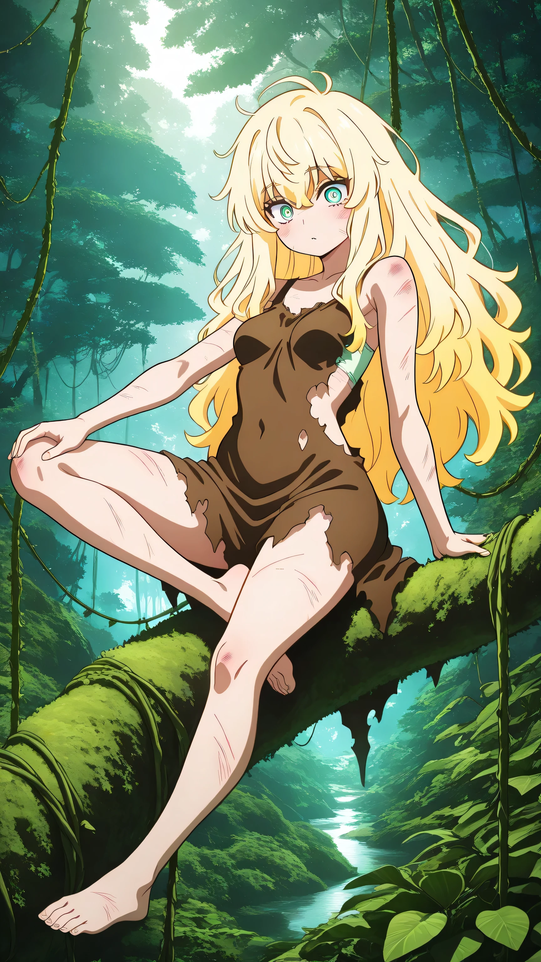 masterpiece, best quality, amazing quality, (character:1.4), Wild Former Daughter, Human Girl, Superb Blonde, Healthy Skin, Sharp Eyes, Wild look, supple body, (Costume:1.5), 豪華なドレスを改造した野性的なCostume、Torn Bra Top, tattered fabric, ripped dress skirt, Barefoot, muddy clothes, (Pose:1.3), Sitting on a Tree Branch, Decorations made of vines and leaves, Flexible Body Movement, Balanced Posture, Wild Body Stance, (environment:1.4), How to use beastly limbs { x} dense jungle, Giant Tree々, Intertwining Scissors , Overgrown Tropical Plants, sunlight filtering through the trees, (Detailed expression:1.3), Scratches and Stains, shortage々Shiitsume , Sturdy long hair, Sharp Eyes, Slender body, (atmosphere:1.2), Deep Jungle Moisture, sunlight filtering through the treesの光, Mysterious Air of Primeval Forest, Wild Liberation, anime style, dynamic angle, Survival