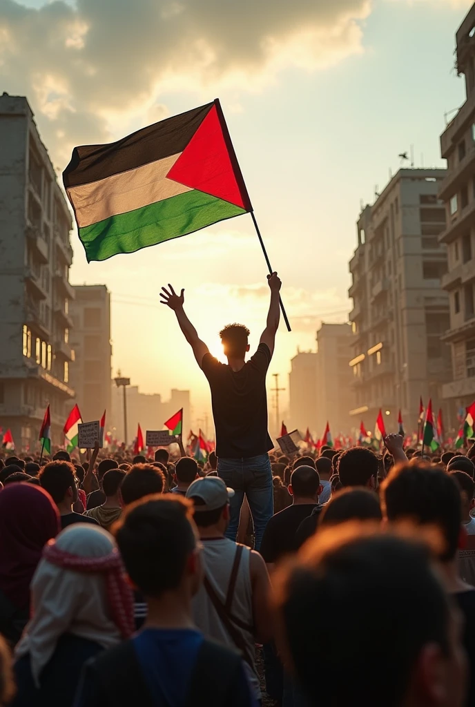 realistic,highres,reality,creative,huge filesize, <lora:PalestineFlagSdxl:1>, a man holding Palestine flag in front of a crowd 2, bokeh, sci-fi horror film grainy, realistic, sharp focus, 8k high definition, insanely detailed, intricate, elegant, art by Range Murata and Artgerm, highly detailed, digital painting, trending on artstation, sharp focus, illustration, style of Stanley