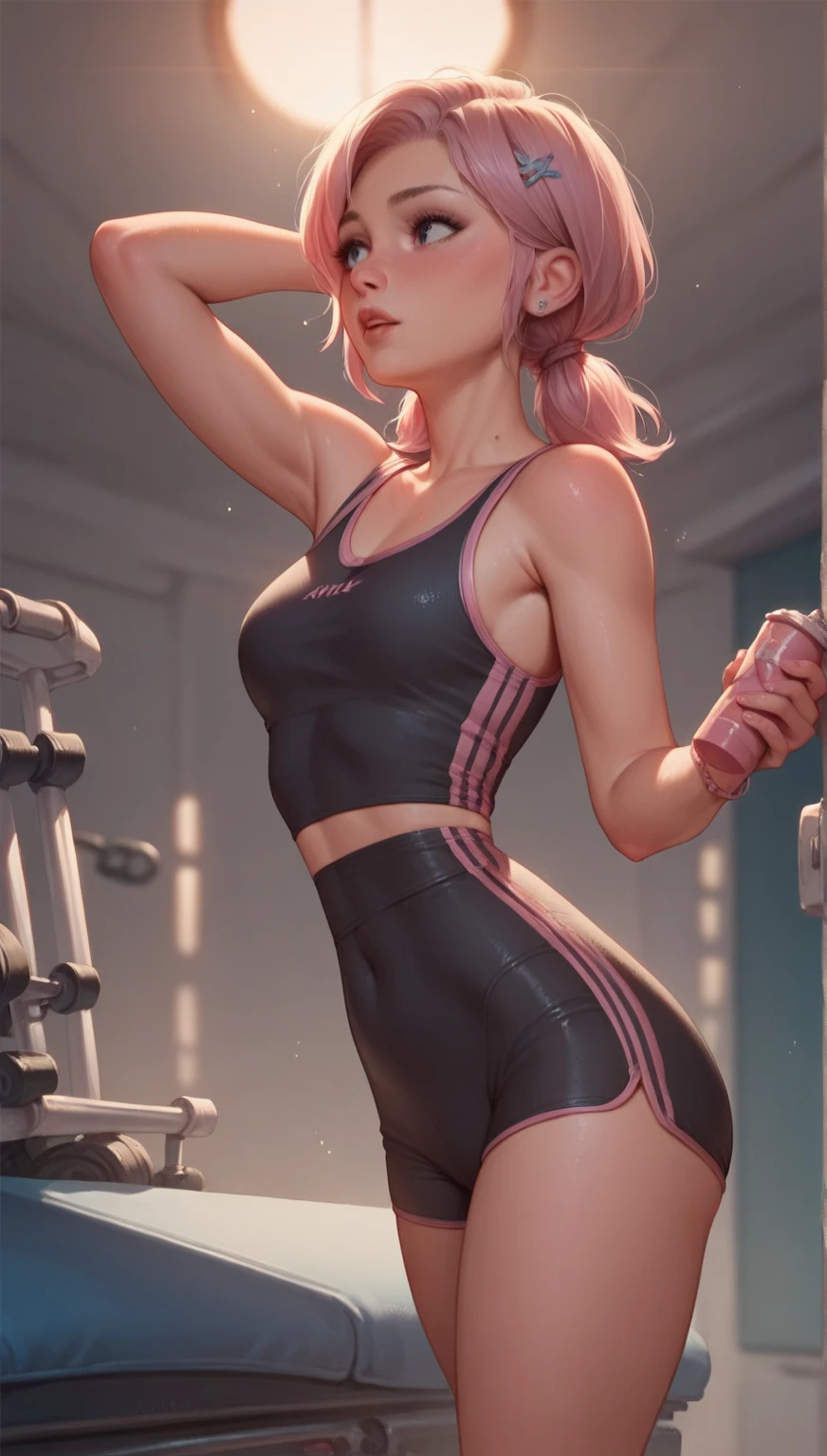 Skinny with green eyes skinny tall in the gym, in tights like bicycle shorts, damp wet skin. beautiful skinny ass.
