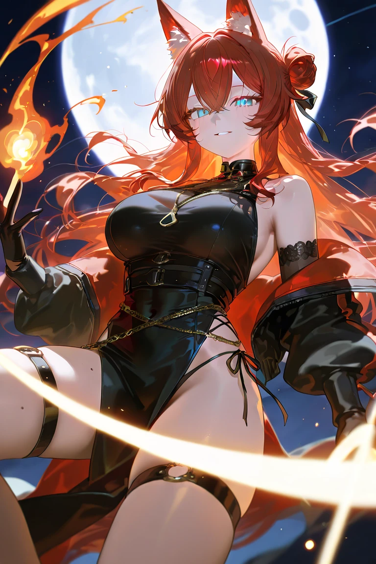 最high quality、best image quality、masterpiece、girl((20-year-old、 By becoming、vest bust、medium bust,wide open breast tea、shining eyes, glowing red hair、long hair、thin,highest valley、black and red suit、Wristband、black gloves、fight pose、inflammation from the whole body、sharp nails)),high quality、beautiful art、background((inflammation、volcano、magma、eruption、meteorite、bright red sky))、Flight、debris flies、Depth of written boundary、movie、visual art、perfect art、8K,genuine、