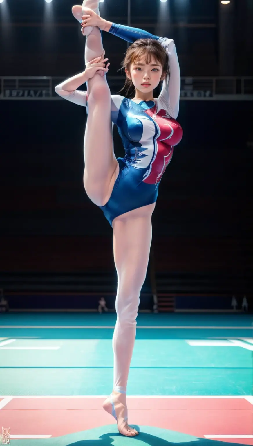 realisticlying、A 23-year-old girl、gymnast、ultra gigantic tits、Diagonal forward view、Glossy pink leotard、Long blonde wavy hair、There was a creepy smile on his face、Gymnastics competition venue、Sexy Posing、(Standing on one leg:1.2), (standing split:1.3)