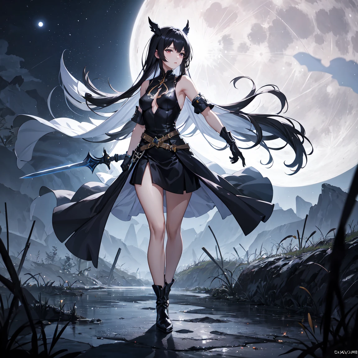 Best image quality, Excellent details, Ultra-high resolution, (realism: 1.4), Best illustrations,Delicate and beautiful features,Very condensed one girl,Dog ears,tail,Silver long hair,Anime Style,Fantasy,The background is a full moon and wilderness,Vision,wide aperture,Unreal 5,Scattered beneath the surface,Fighting Motion