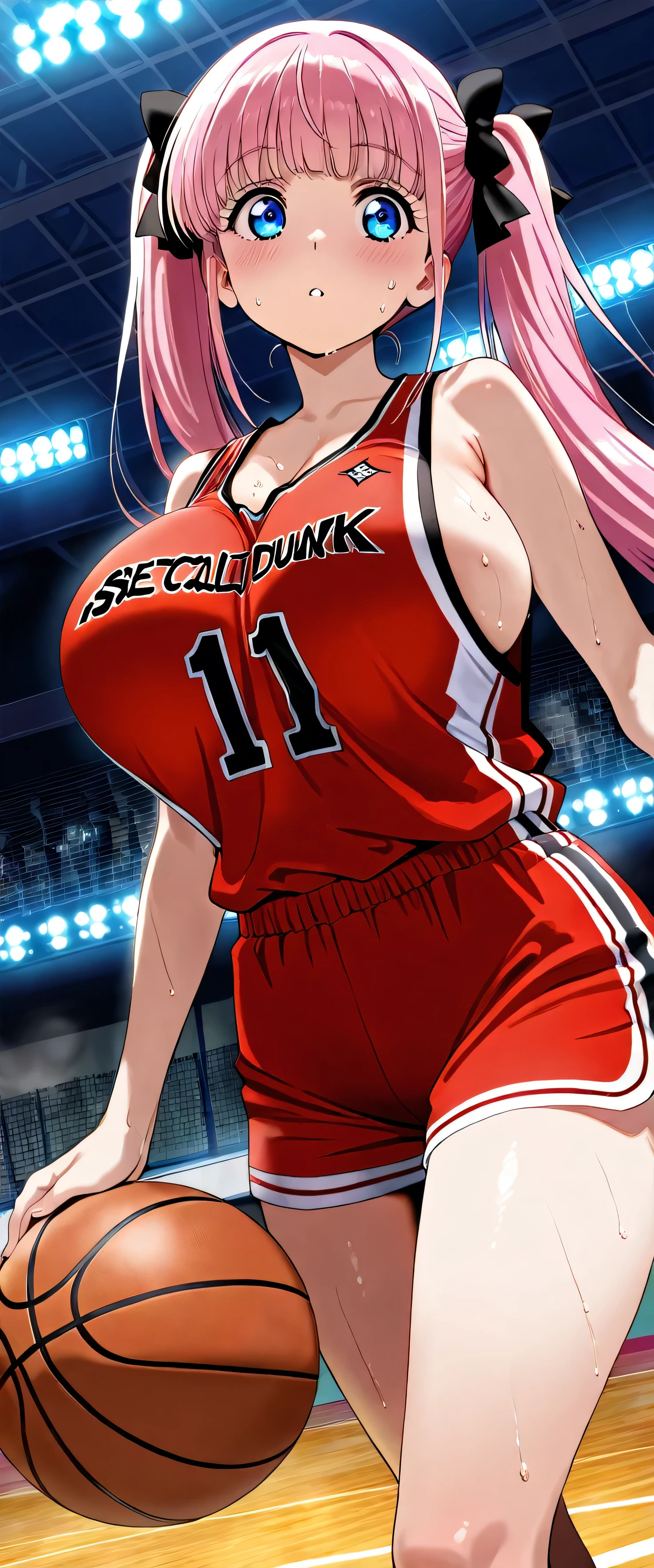 (((The straps of my sports bag are digging into my chest))),(beautiful girl: 1.3),masterpiece,Please redeem,Ultra-high resolution,Rich contrast,Very high quality,8k,Highly detailed CG unit wallpaper,Texture,So ridiculous,RAW Photos,Please redeem anime,Depth of written boundary 1.2,nodoka_haramura, 1girl, pink hair, twintails, long hair, blue eyes, ribbon on twintails, huge breasts,basketball wear,gym,(He is making a spectacular dunk shot:1.5),wide eyes,sweat