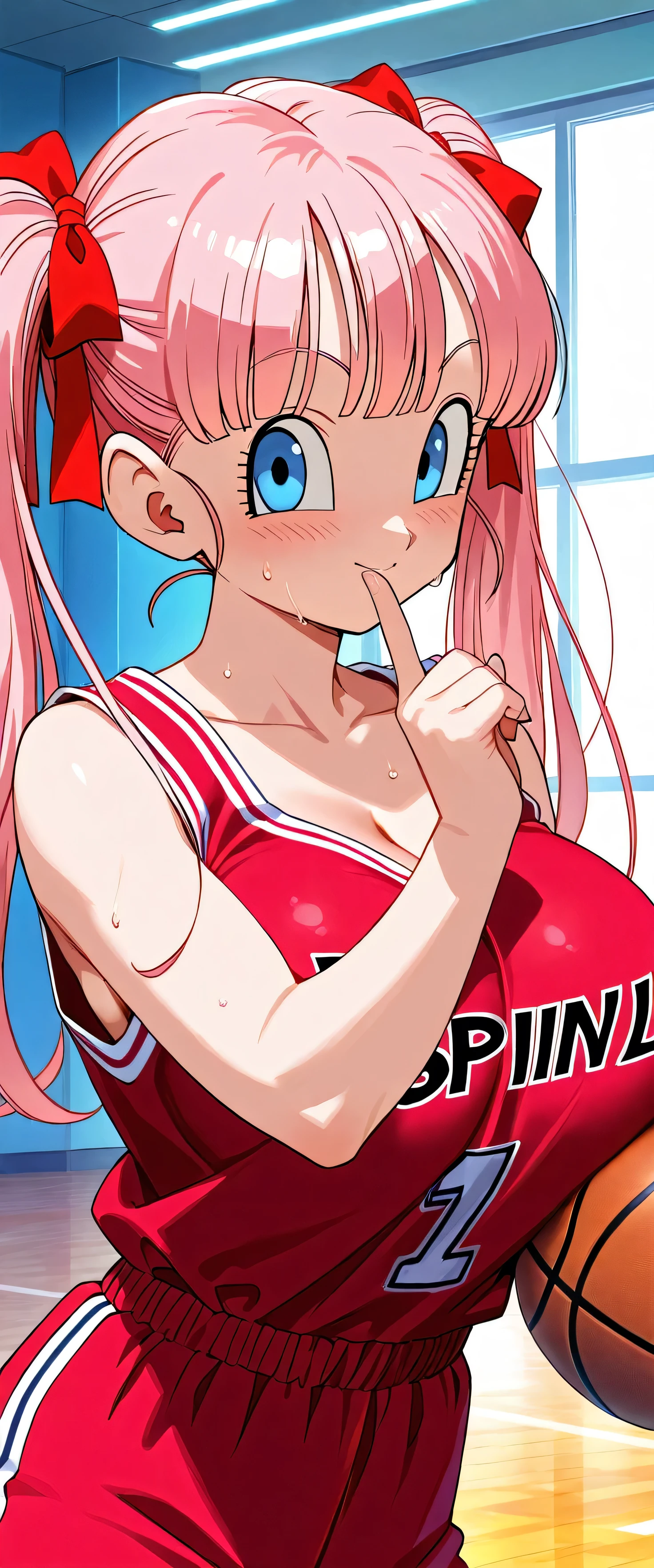 (beautiful girl: 1.3),masterpiece,Ultra-high resolution,Rich contrast,Very high quality,8k,Highly detailed CG unit wallpaper,Texture,So ridiculous,RAW Photos,Please redeem anime,Depth of written boundary 1.2,nodoka_haramura, 1girl, pink hair, twintails, long hair, blue eyes, ribbon on twintails, huge breasts,basketball wear,gym,(Dragon Ball:1.5),(((I'm spinning a basketball on my index finger))),wide eyes,sweat