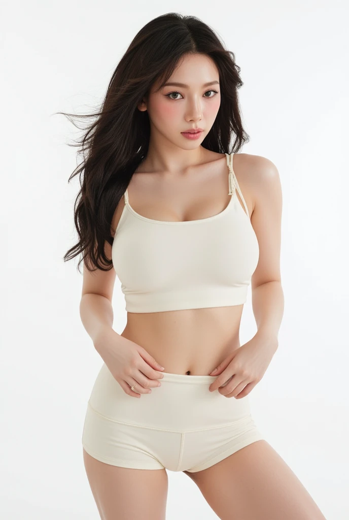 1 girl, masterpiece, highly detailed, simple wall background, (tall model body shape), beautiful face, young, athletic body, thick thighs, seductive, leggings, short tank top, cleavage