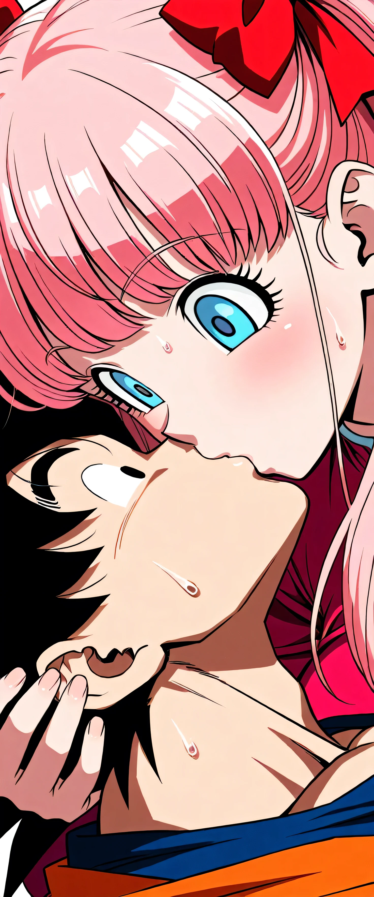 (beautiful girl: 1.3),masterpiece,Ultra-high resolution,Rich contrast,Very high quality,8k,Highly detailed CG unit wallpaper,Texture,So ridiculous,RAW Photos,Please redeem anime,Depth of written boundary 1.2,nodoka_haramura, 1girl, pink hair, twintails, long hair, blue eyes, ribbon on twintails, huge breasts,Lacrosse Uniforms,lacrosse coat,wide eyes,(((sweat)),(Kissing Son Goku:1.5),