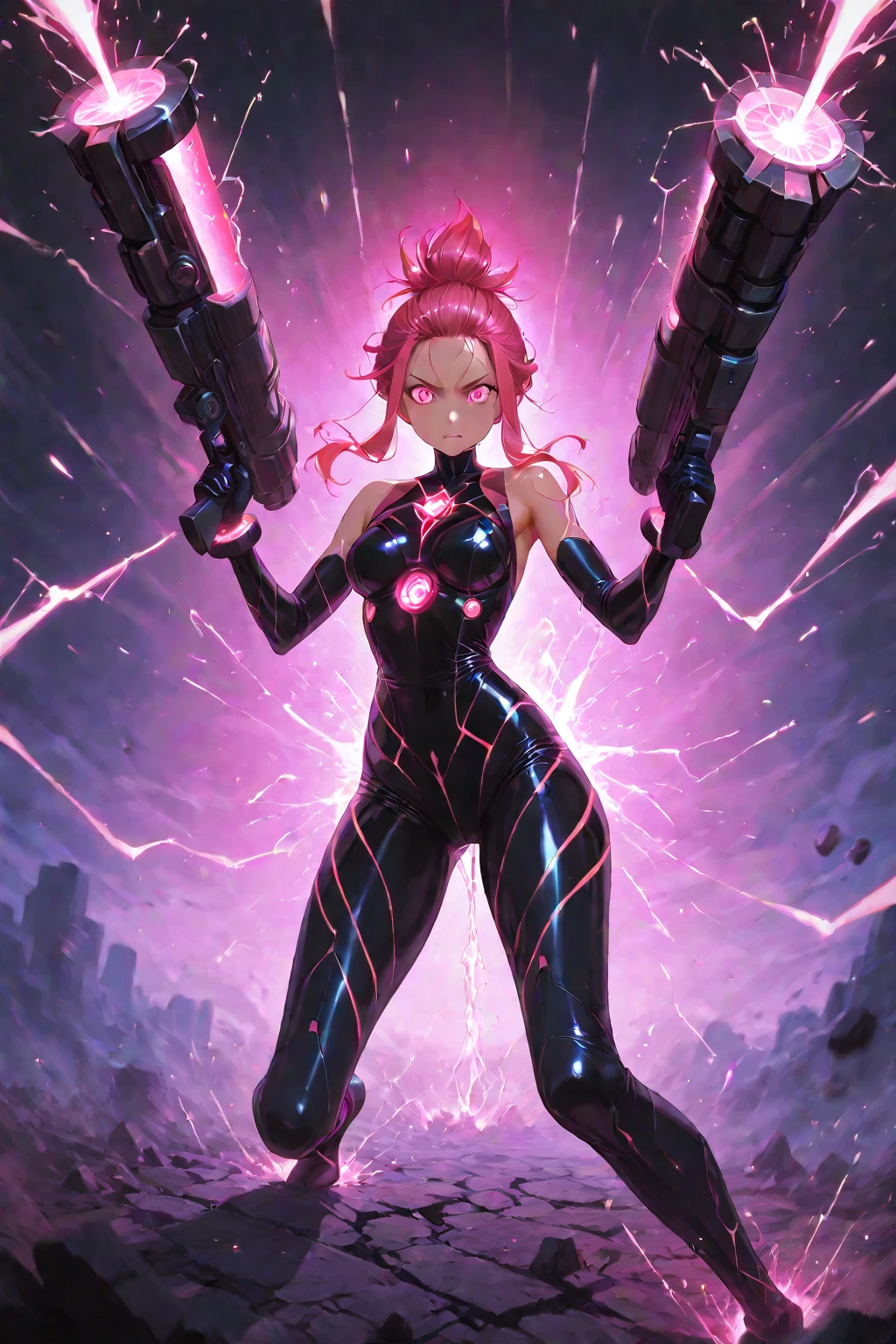 Luciwilde is a sexy cyborg with a entirely electric purple metallic body(obviously mechanical), metal helmet stylized as a fashion model hairdo (no hair visible), and a completely human face. She is flying through space propelled by jets in her feet. She has a guitar with a laser rifle built into it. Full body shot, show all of her, action pose with her weapon, best quality, extreme attention to detail, beautiful face
