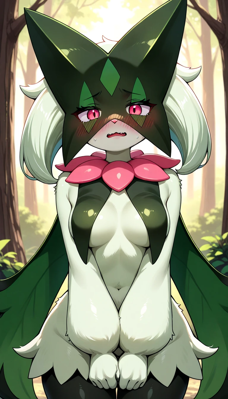 Masterpiece, The best quality, the highest picture quality, Detailed, Meowscarada, Pokémon, short snout, detailed eyes, forest background, blue night, darkness, female, glowing eyes, raised eyebrow, half closed eyes, solo, closed mouth, hands behind back, hourglass figure, huge butt, huge thighs, round breasts
