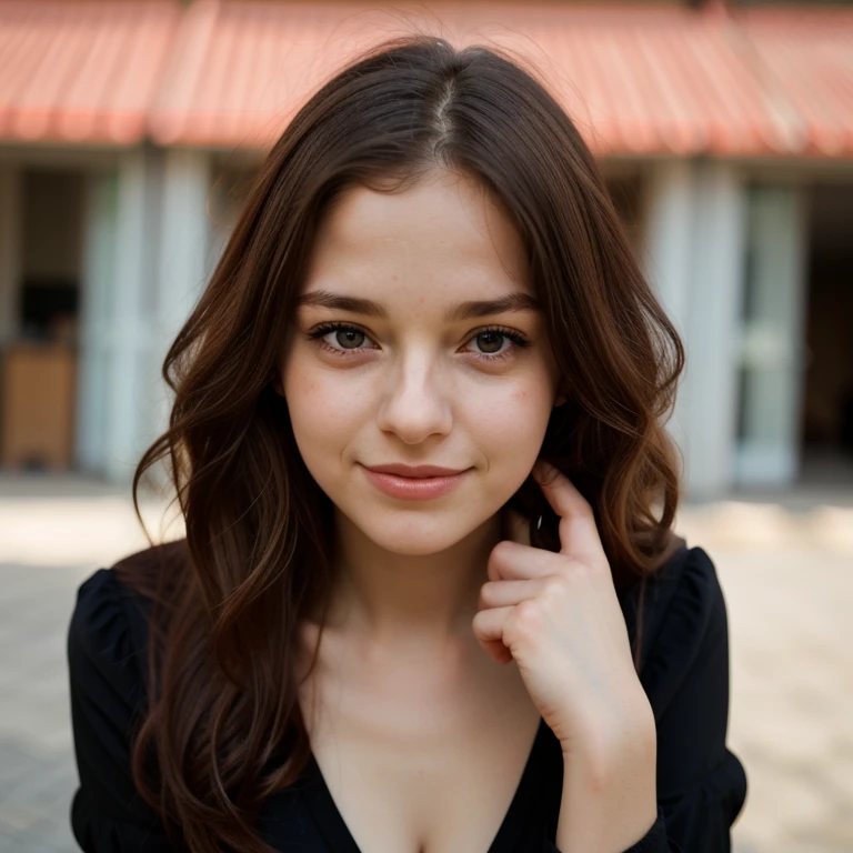 Night photo, photo of 24 y.o beautiful woman, brown long hairs, blue eyes, small nose, big lips, black dress, bokeh, face looking flat into the camera, motion blur