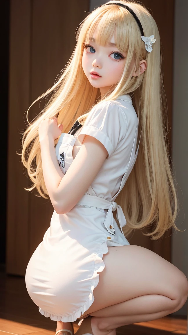 (masterpiece:1.2), (highest quality:1.2),, slender body, perfect eyes, perfect face, perfect lighting, 1 girl, in the garden, long curly hair, detailed outdoor background, compensate, eye shadow, thick eyelashes, fantasy, looking at the viewer, whole body、blue sky、Bright and very beautiful face、young shiny glossy white shiny skin、the best beauty、the most beautiful bright blonde hair in the world、thin hair、long hair、Shining beautiful bangs、big shining blue eyes、Very beautiful and lovely 18 years old, the most beautiful girl in the world、((small breasts)), ((nsfw:1.2)), pink nipples, black thigh high socks, , full body, high heels, spreading legs, sitting