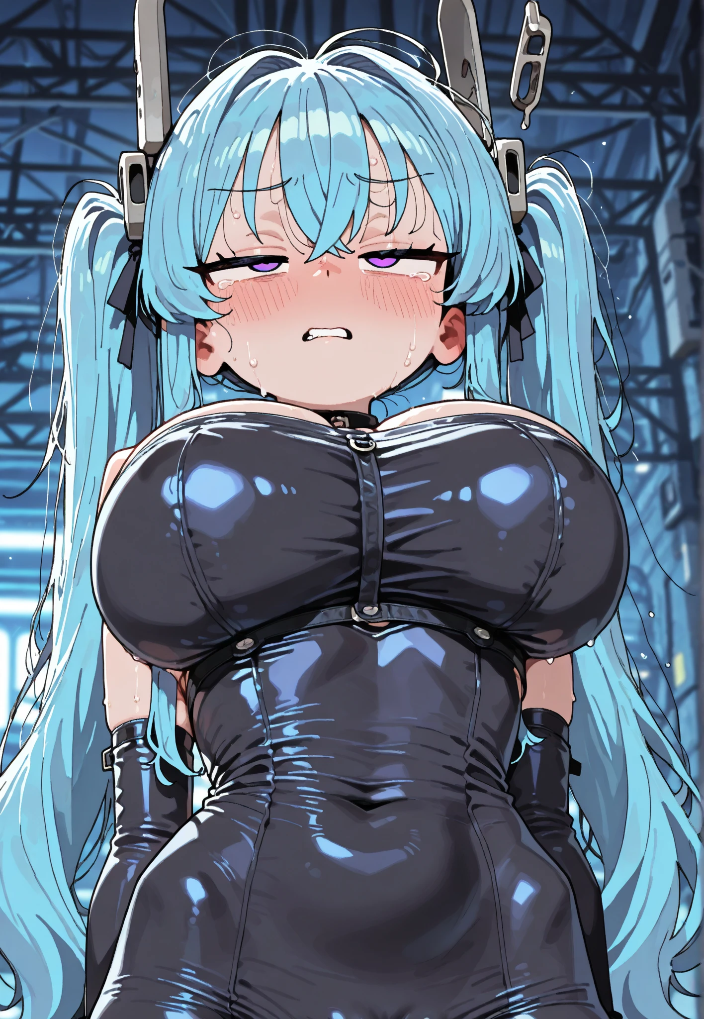 (8K、Highest image quality、highest quality、masterpiece)、detailed face、((1 girl))、light blue hair、long hair、twintails、light blue eyes、evil smile、((open mouth))、((Cum in mouth))、Moderate chest、((black playboy bunny))、shiny、((black pantyhose))、cowboy shot、((fold your arms behind your head))、((bukkake:1.3))、((Cum on body:1.2))、((Cum on hair:1.2))、((Cum on thighs:1.2))、((Background inside the train))