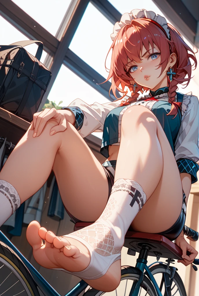 (8K, Highest quality, Highest quality, masterpiece), sit on the floor, (denim hot shorts 1:2), (mini shorts 1:2), big breasts, ((spread legs 1:2)), open shorts, pussy_peek, nm1, headphones around neck, long sleeves, blue cardigan, (fullbody), smile, school uniform, open jacket