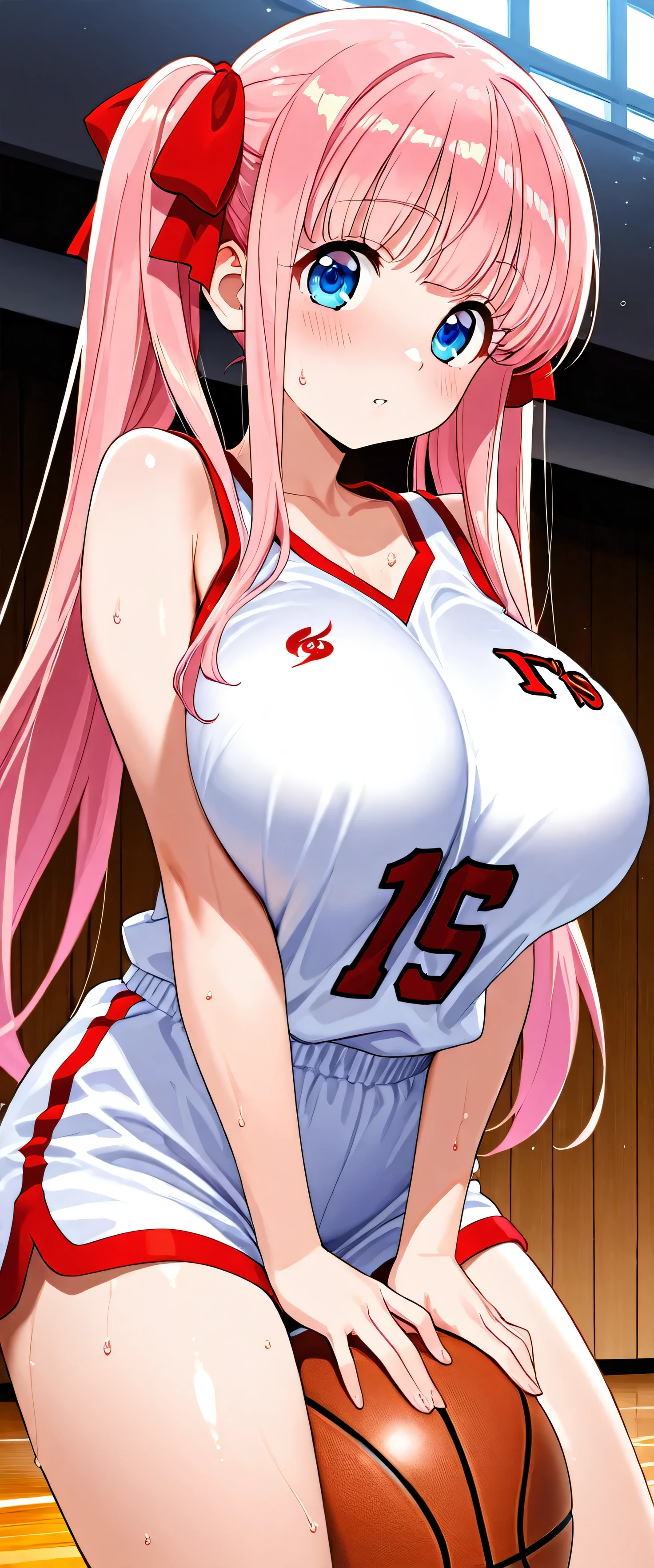 (beautiful girl: 1.3),masterpiece,Please redeem,Ultra-high resolution,Rich contrast,Very high quality,8k,Highly detailed CG unit wallpaper,Texture,So ridiculous,RAW Photos,Please redeem anime,Depth of written boundary 1.2,nodoka_haramura, 1girl, pink hair, twintails, long hair, blue eyes, ribbon on twintails, huge breasts,basketball wear,gym,(It's falling spectacularly:1.5),wide eyes,sweat
