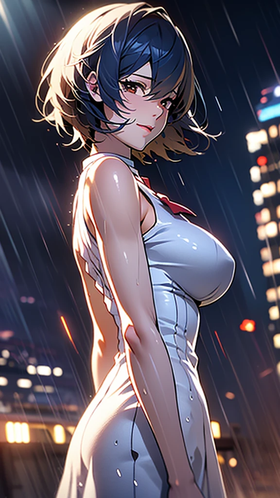 top-quality、超A high resolution、(Photorealsitic:1.4)、女の子1人、Woman without clothes、(huge-breasted:1.7)、looking at viewert、a closeup、full body Esbian、(It's raining heavily:1.5)、(the whole body is wet:1.5)、(Smoke coming out of the mouth:1.5)