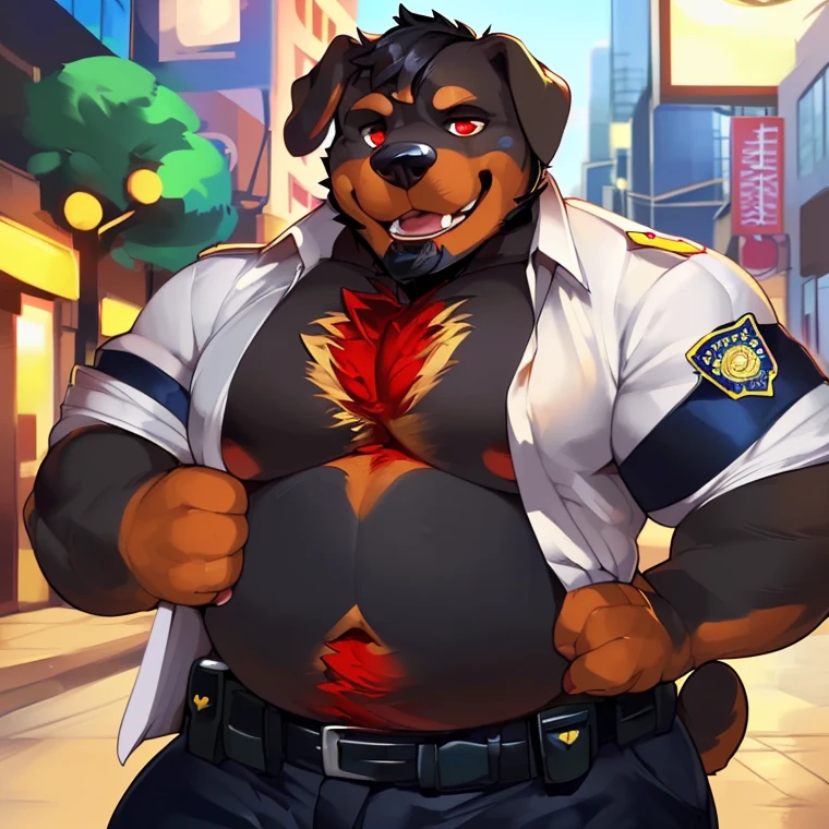 By bebebebebe, by lostgoose, by goonie-san, solo, male, standing, white button up, red briefs, serious face, huge bulge, furry, German shepherd, in underwear, loose tie, buff, muscular, large pecks, bulging pecs