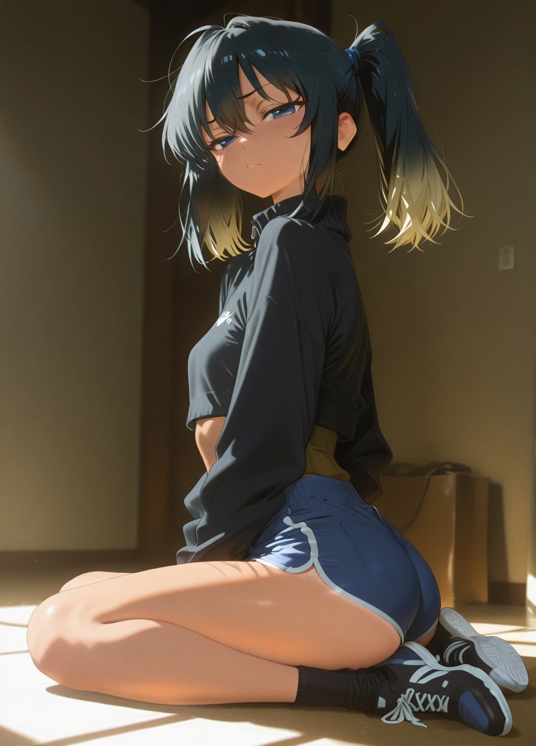 masterpiece, best quality, dark skin, short hair, yellow eyes, black hair, beautiful girl, thin, full body, tall girl, ((kawaii)), ((cute)), plan boobs, short boobs, small  , ((short chest)), ((big butt)), ((wide thigh)), eating onigiri, bedroom, 3/4 perspective