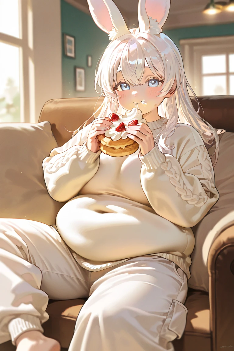 1girl, solo, anime, (small breasts), (natalie portman), [chubby|obese|flabby], [belly overhang,stomach bulge], thick thighs, squashing a cake in her hands, wide hips, gray sweatpants, slob, watching Tv, crumbs