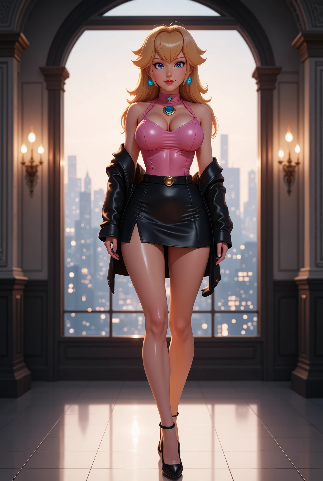 (Nintendo - Princess Peach), sensual posture in front of the spectator, with a slightly open leg and a hand on her hips, picking up her leather jacket from the floor, sexy black mini skirt with slits on both legs, pink leather corset that highlights your huge breasts, Soft and light-toned, black stiletto heels , Makeup in dark tones, black lipstick mascara, backdrop in an elegant room in black and white tones with a panoramic view of the city .