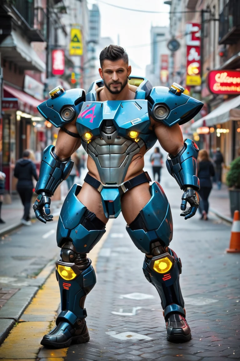 photo of a man wearing a worn (mech suit), puffy bipple , large nipple, (30 years old), chiseled jaw, (rusted metal), sharp focus, photo by mark henderson, soft lighting, vibrant colors, (glowing blue robot eyes), face portrait, (extreme close up of face:1.3), upper chest, science fiction, (large-muscles), (large pectorals), (puffy nipples), beard, dynamic angle, (angry), cinematic photography,, realistic, masterpiece, intricate details, detailed background, depth of field, dynamic pose,
