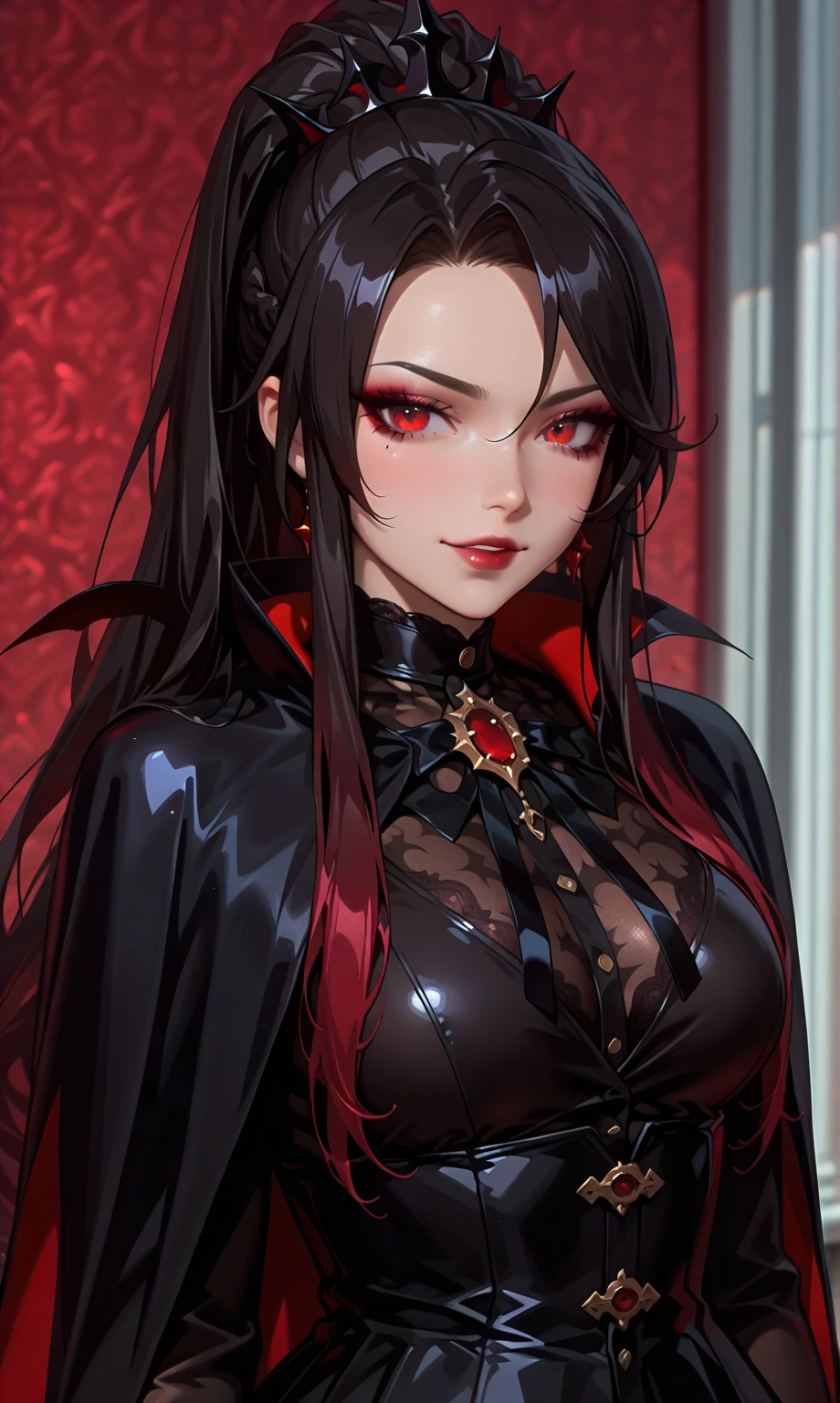 little devil, masterpiece, best quality, super detailed, illustration, super detailed face, best face, evil, 30 years old, adult, 1girl, 30 years old, big breasts, abs, no human, long black hair, black armor, belt, intricate detail outfit
