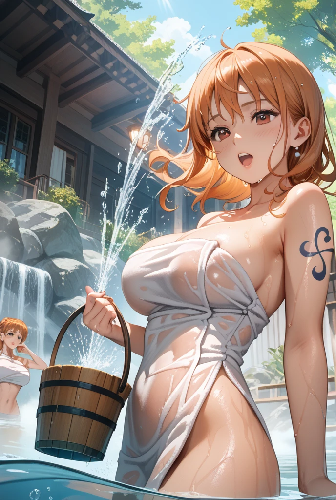 ((Tsunade)),(large dot on the forehead),(walking to tatami),from behind,((thick body)),((Solo)),(((complete naked))),(((soap bubbles cover whole body))), (beer cup),(happy laugh),(blush),A MILF, trending on artstationh,intricate face details,(Curvy physique), vibrant, 4K, 12k resolution,