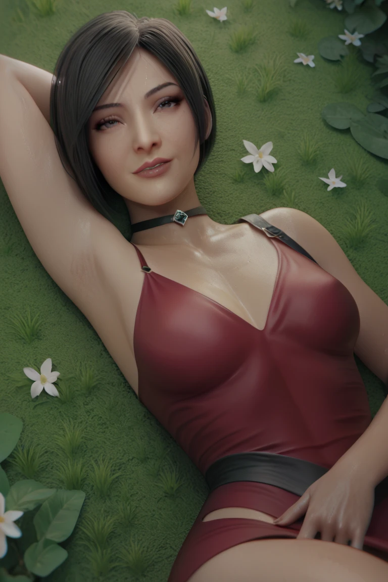 1girl ,lois lane, tan ,short hair ,brown eyes, black hair,lipstick, blue eye shadow, solo, perfect breasts, earrings glossy lips ,looking at viewer, blush, large breasts, nature, pond, trees, park, long white elbow satin gloves, holding, animal ears, cleavage, bare shoulders, jewelry, very l, gentle smile, pantyhose, earrings, fake rabbit ears, red leotard, fake animal ears bunny, long white elbow gloves, white gloves, cowboy shot, sexy poses 