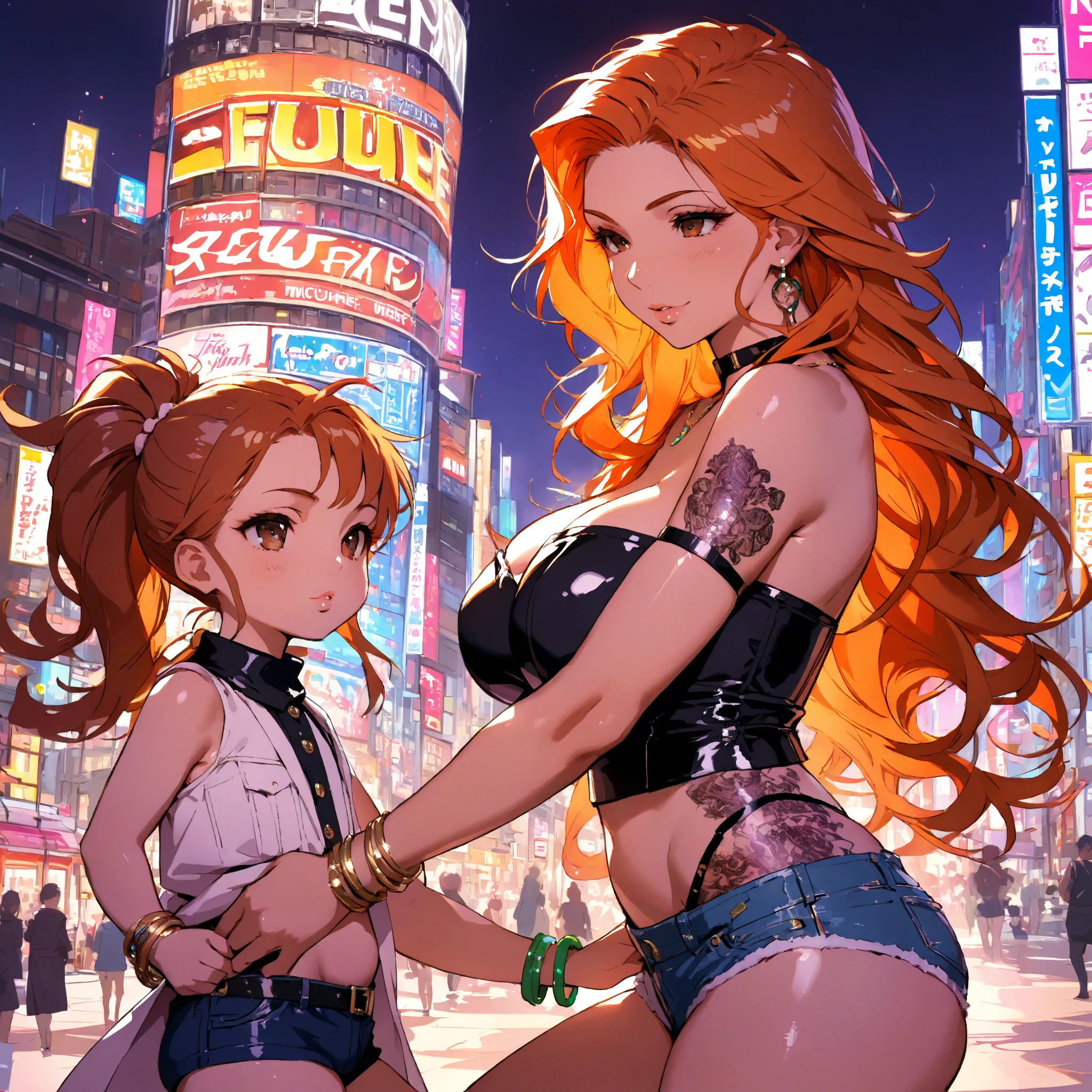 a super heroine redhead very embarrassed in the street. her costume is torn after a fight. we see a nude breast through a tear in her costume and her panties through her tattered skirt. in the background, the city is devastated
