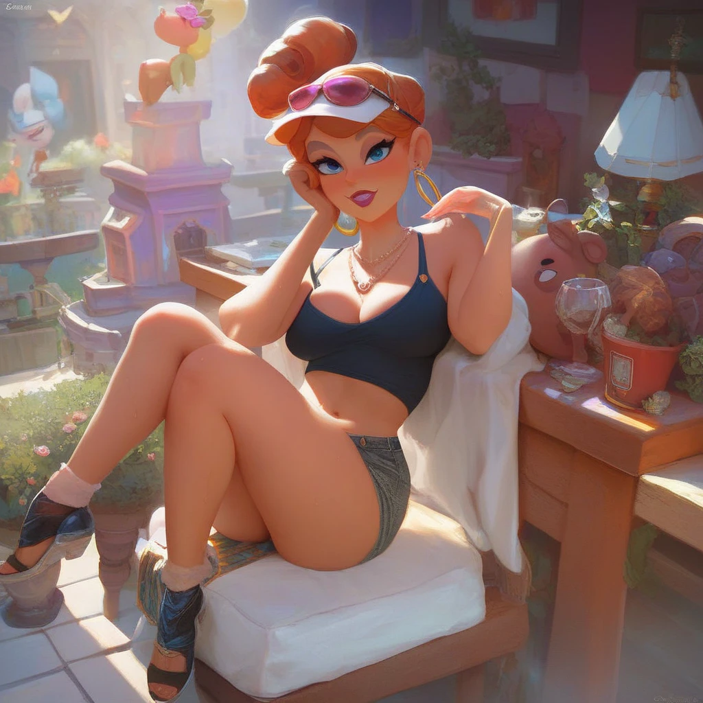 create a 3D movie poster inspired by Disney Pixar, The scene should be in Pixar's signature digital art style, com uma imagem caricatural que lembra a cantora brasileira "Anita" in the prone position, Wearing a bikini while a tattoo artist is sitting tattooing with a giant ring on one hand, inside a tattoo parlor.