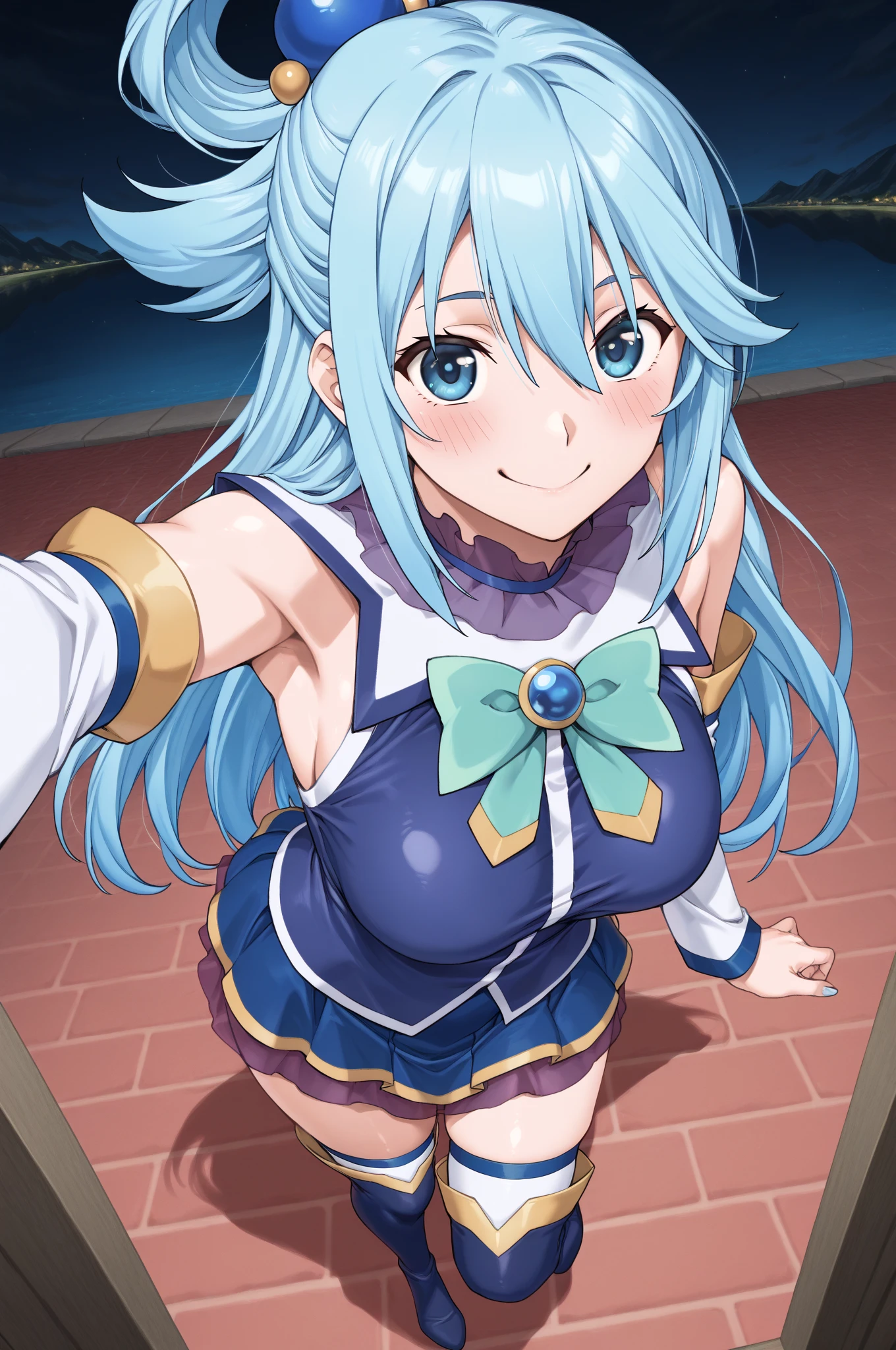 (extremely detailed fine touch:1.2), (natural light, sun light, light rays, dappled light, reflection, shadows, ray tracing:1.2), mature female, hourglass body , Masterpiece, best quality, highly detailed , AquaKnsb-KJ , skirt , thighhighs, blue shirt , detached sleeves, thigh boots, bow , (selfie:1.2) , (from above , smile , open mouth , blush:1.1) , outdoor , vegetation around, Nsfw