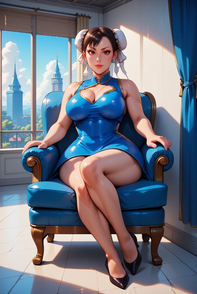 Beautiful woman , gigantic breasts, cleavage, wear stylish and design hot and sexy yellow, blue and red colour mixing crystal type dress,   sitting in palace, alone (afternoon time), sitting & model pose, beautiful body, masterpiece, ultra realistic,detailed, 16 k , Film type light, potrait photography, camera angle front, looking at the viewer, 