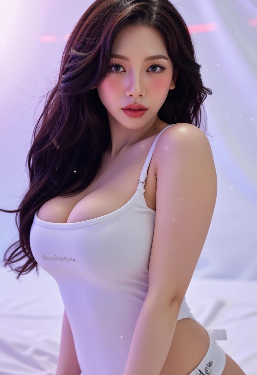 (best quality, realistic), transparent outfits, thigh-high opening, wet clothes, tongue licking chin, eyes rolling, voluptuous breasts, large eyes, seductive pose. [illustration, portrait, sharp focus, vivid colors], (conceptual photography, sensuality:1.2), soft lighting.