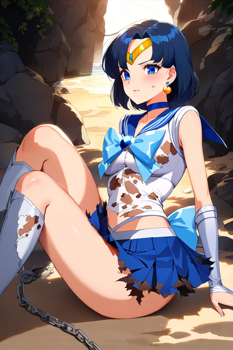Anime illustration、Sailor Mercury　Transformation heroine of justice　White patent leather leotard　Patent blue boots　Wrinkled boots　Enamel White Gloves　Patent Blue Mini Skirt　Beautiful image　Gold decoration　Elaborately decorated costumes　justice　ponytail　Semi-long hair　hair ornaments　A shy smile　Squint your eyes　Jockey Boots　Push out your hips　Spread your legs　　Poop sitting　Full body painting　Put your hands on your crotch　Armpits are visible　Knee-length long boots　barefoot　The body .　Spread your legs　Please bend your knees　Pee　White fluid spilling out from between her legs　Sweaty　The leotard is wet and skin is visible　Soaking in the swamp　Soaking wet