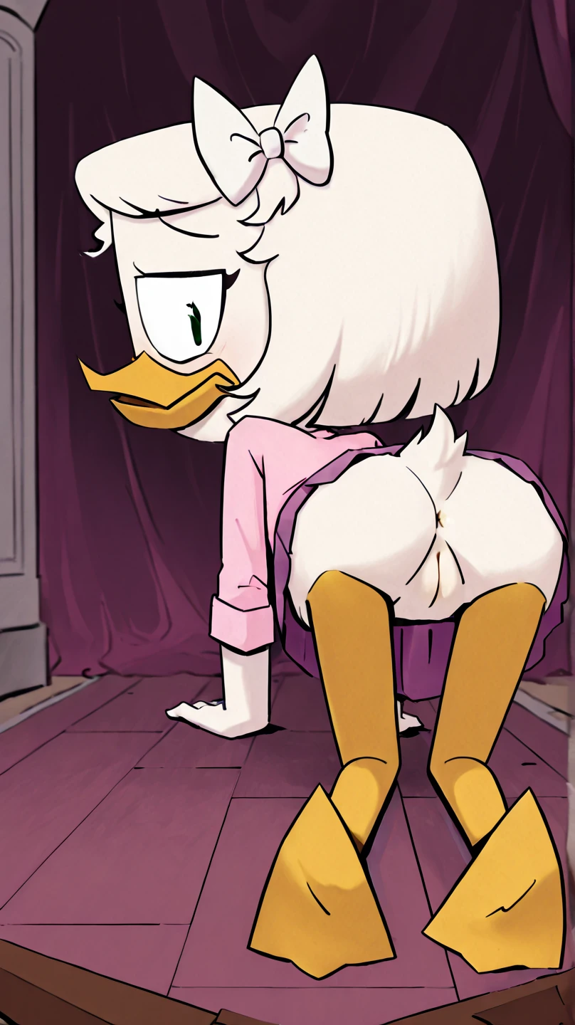 Webby Vanderquack, on bed, White skin, white hair, SCHNABEL, Duck stories, Tail shield, Webbed feet, (orange legs:1.2) shorth hair, naked, breasts, pussy, young,uses condom,uses condom in hand, flat breasts, Doggy Style, penis, penis in pussye, champion