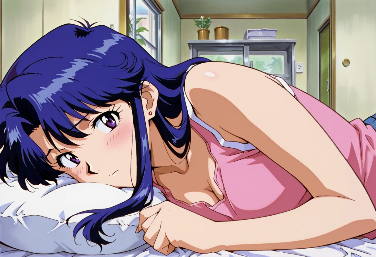 ((Katsuragi Castle_Misato)), (In underwear :1.3,bra:1.3、Panties:1.3)、take a photo in the apartment, Moderate_chest, Purple Hair,blush、 (analog quality:0.6), (Film Grain:0.8),Bed、Cute ass、可愛いPanties、On all fours、Backwards、look back