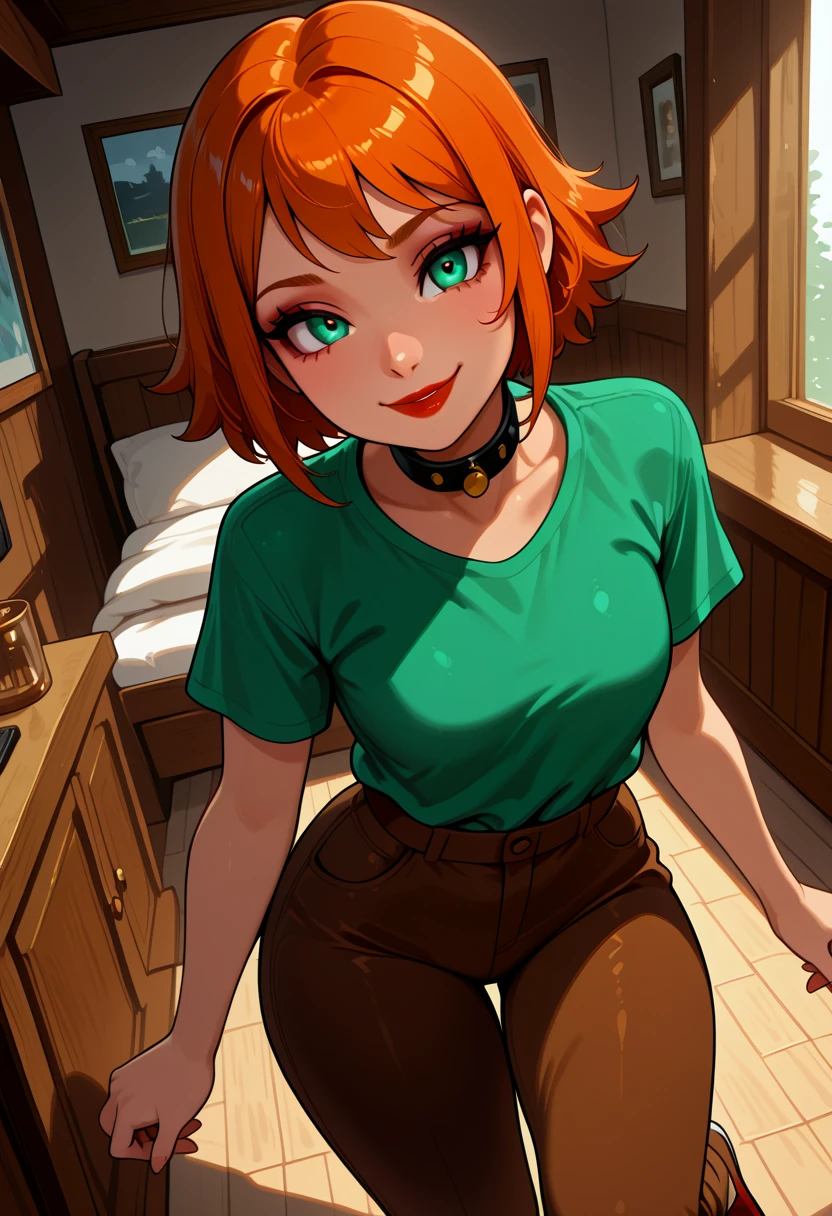 (Masterpiece), Best Quality, ultra-detailed, 1girl (Gwendolyn_Tennyson, lovely small breasts,  neck choker, orange hair, short hair, green eyes, half-closed eyes),a come-hither face, mascara, full makeup, dark eyeshadow, red lipstick , parted lips, nose blush, blush, facing viewer, looking at viewer, solo,white  shirts, cleavage, 
red lace bra , pleats skirt,pink skirt( pattern black), ultra mini skirt, red lace panties,loose socks, in the classroom, night time, on the floor, straddle,  sitting on floor,  against the desk, spread legs, come-on, lure,, Sexy waist teasing,  ,  ,  love juice flows out of her pussy 