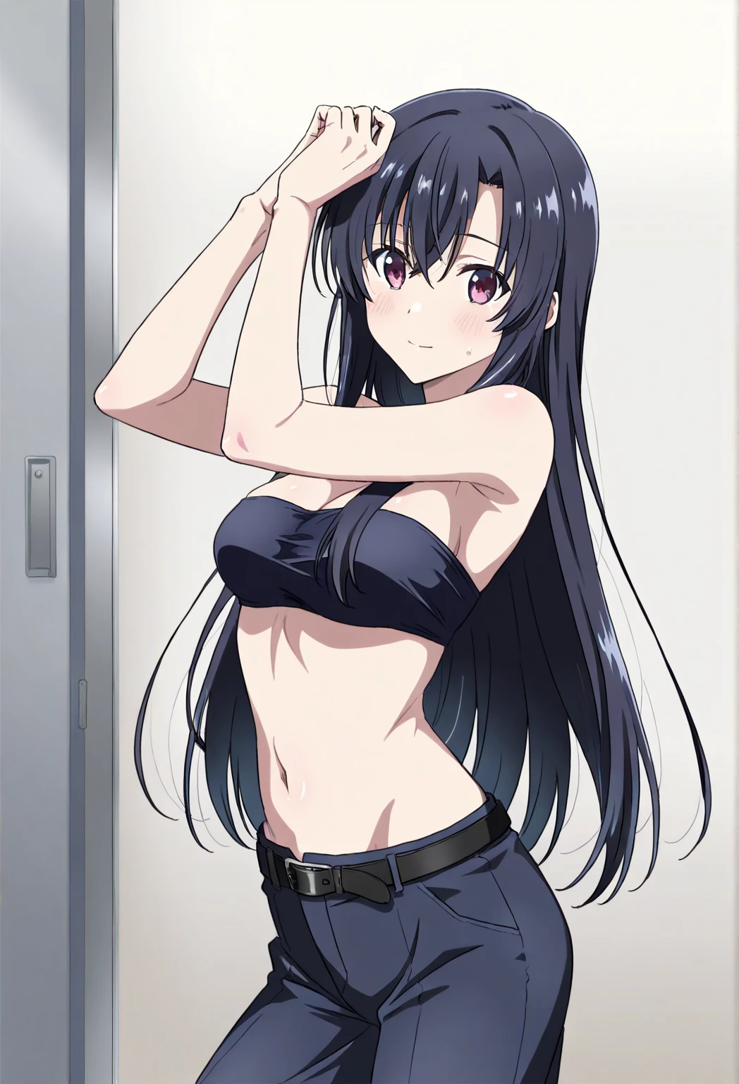 masterpiece, best quality, ultra-detailed, illustration,1girl,
long hair, dark blue hair, 
medium breast,  side tie bikini,
looking at viewer, hinata/(boruto/)