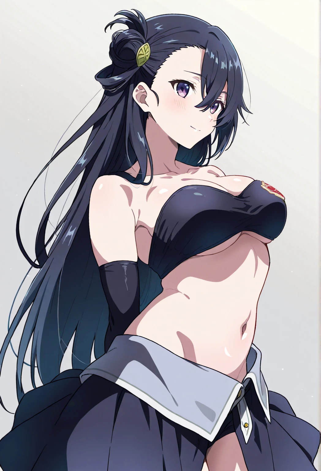 best quality, amazing quality, very aesthetic, absurdres, 1girl, aris (blue archive), blue archive, eyes, black hair, strapless, (artist official art:1.5), (realistic face), (narrowed eyes), (cowboy shot), ( sad:1.5), panties, (thigh), expressive eyes, perfect face, 4k, extremely detailed anime illustration, extremely detailed eyes, enhanced details, perfect anatomy, light rays, photo background, extremely delicate body, smooth skin, feminine expression, (black background:1.5), cristal clear eyes, beautiful face, breasts