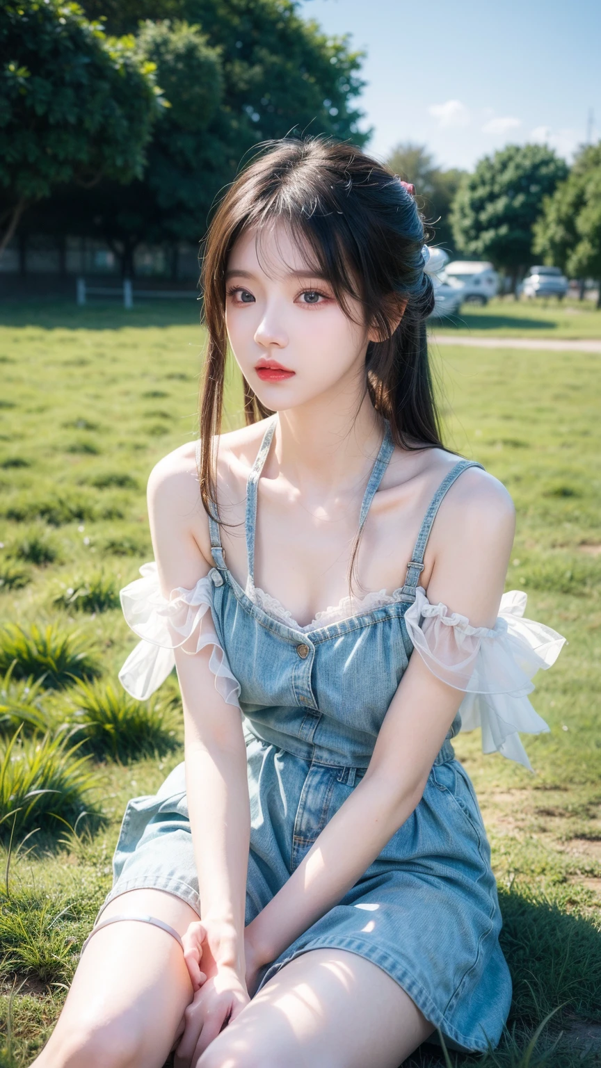 A denim camisole dress featuring lume pleats、Half Sleeve Shirt))whole body viewing angle、beautiful, calm and bright look、Sexy and refreshing look、完璧なbeautifulcute顔、Very bright、Long bangs between the eyes、Long black hair straight hair、とてもcute、beautifully、Sexy young tiny woman、非常に完璧なbeautifulcute顔、、Real女性、cute,((Small breasts:1.4))、(()) And a very slim figure,Very thin leganicules、Earrings、Pink Lip、choker、Real、Highest quality、Detailed face、Detailed Background、Depth of written boundary、alone、night,Highest quality、High resolution、超High resolution(Real:1.4)Detailed eyes、Gradation、Perfect anatomical figure、Woman with perfect body、Highly detailed skin、非常にDetailed face、細部までbeautiful目、Background blur、Lolita Costume Outfit,Lace, Aerith Gainsborough,