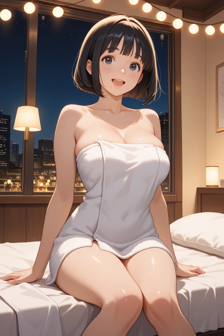 Highest quality,Highest Resolution,Beautiful smiling girl in a bathrobe gown,Cat ear,Big Breasts,Brown hair short bob,Bedroom,whole body,front,Night view outside the window,Very beautiful eyes,(((eye shadow))),(((Eyebrows))),(((makeup))),