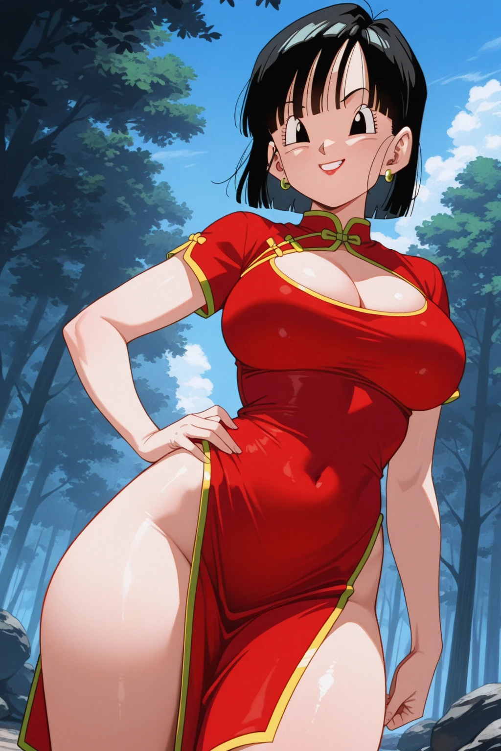 score_9, score_8_up, score_7_up, source_anime, solo, 1girl, dragon ball, bulma, smug, sinister smug expression, evil, looking at viewer, arms behind back, short hair, hair over one eye, blue eyes, red gown, short sleeves, latex suit, humongous breasts, large breasts, massive breasts, boob window, bare breasts, naked breasts, Chinese dress, wearing Chinese dress, exposed thighs