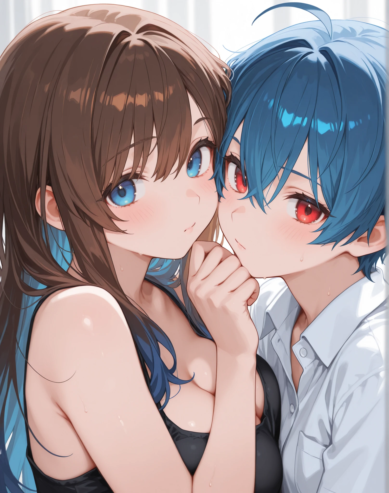 Create a guy with blue hair and red eyes, together with a girl with brown hair and blue eyes