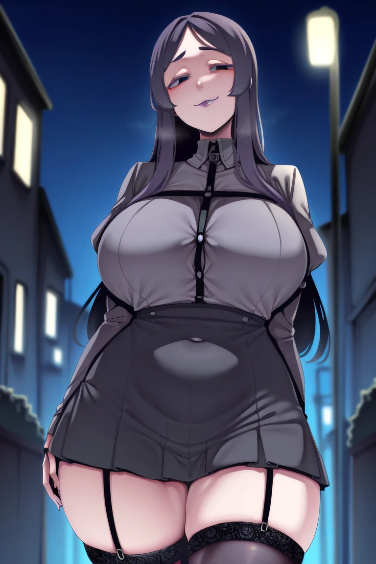 Best Quality,Masterpiece,high resolution,absurdities,The newest one,classification: general, (hinata, 1 girl, Hyuuga Hinata, purple eyes,white eyes, blunt bangs),fishnet pantyhose, street, (evening,evening sky),big breasts,pussy, Breasts, NSFW, naked