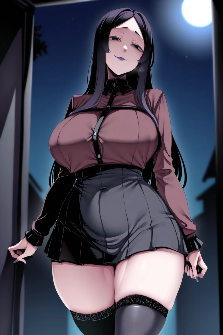 (best quality,masterpiece:1.3),mature female,(mature woman,milf,muscular:1.3),(expressionless:1.1),hoodie,baseball cap,pantyhose,outdoors,ponytail,sweater dress,sneakers,streetwear,hands in pockets,(Long Legs,tall:1.3),yellow eyes,black hair,(sidelocks,very long hair,hime cut,blunt bangs:1.3)