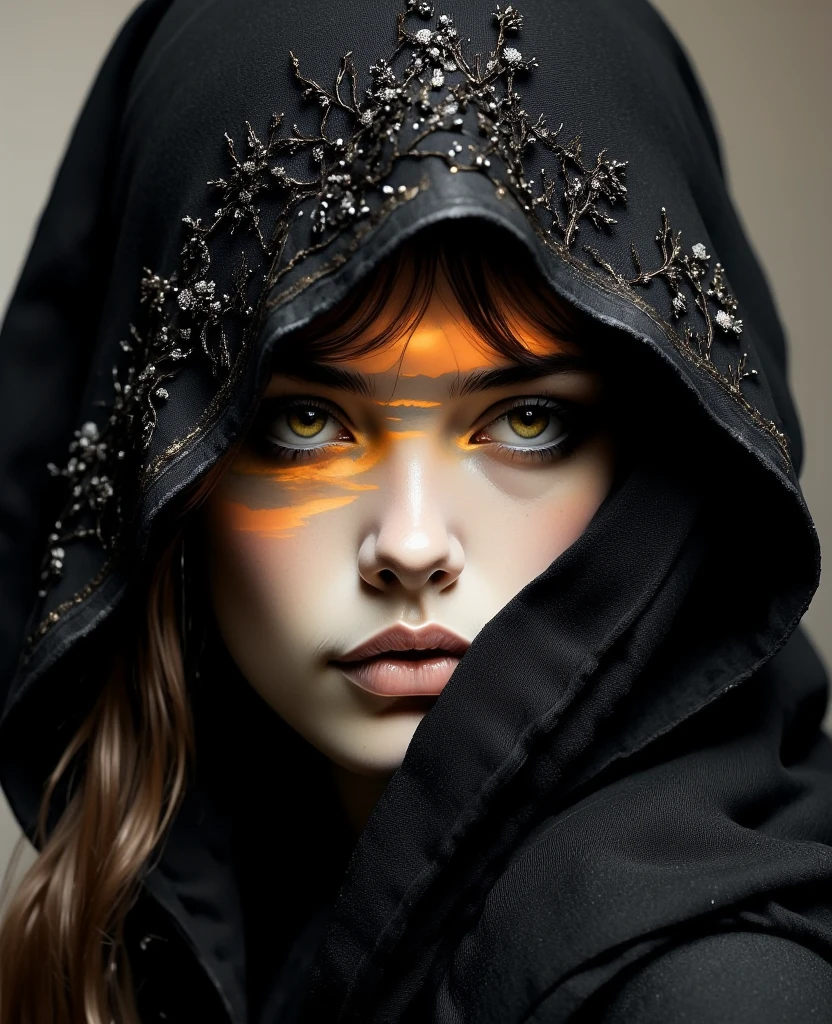 "A mysterious woman wearing a black hood intricately embroidered with fine, elegant patterns—either gothic or oriental in style. Within the fabric of the hood, a breathtaking landscape is revealed through double exposure—perhaps a misty mountain range or an enchanted forest glowing under a golden sunset. Her face is partially shadowed, yet expressive, with deep, enigmatic eyes. The background is soft or blurred, keeping the focus on the hood and the surreal blend of nature and fashion."
