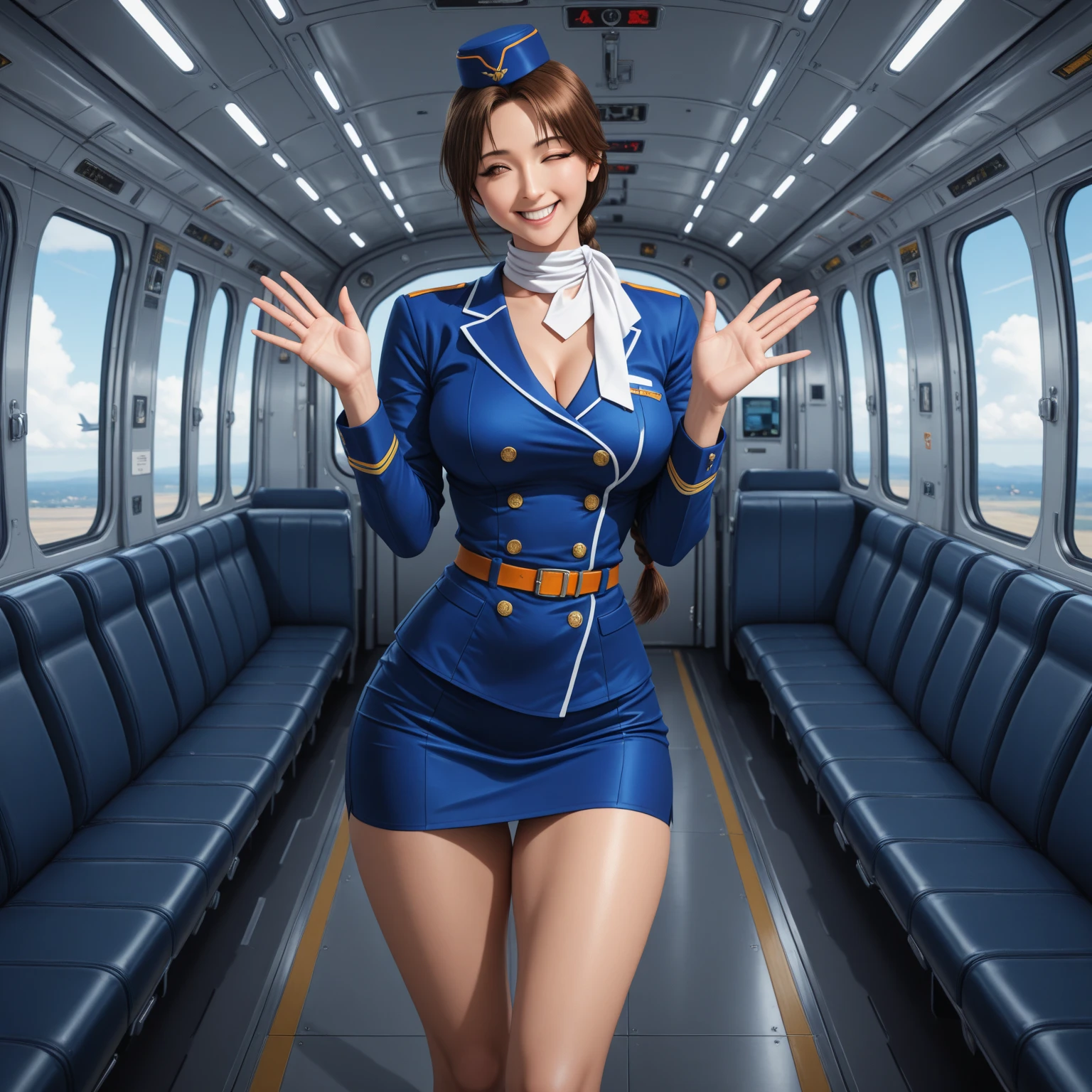 ((best quality)), ((masterpiece)), (detailed), perfect face Flight attendant woman wearing cap, gloves and long sleeve leotard squatting barefoot. Bare legs.