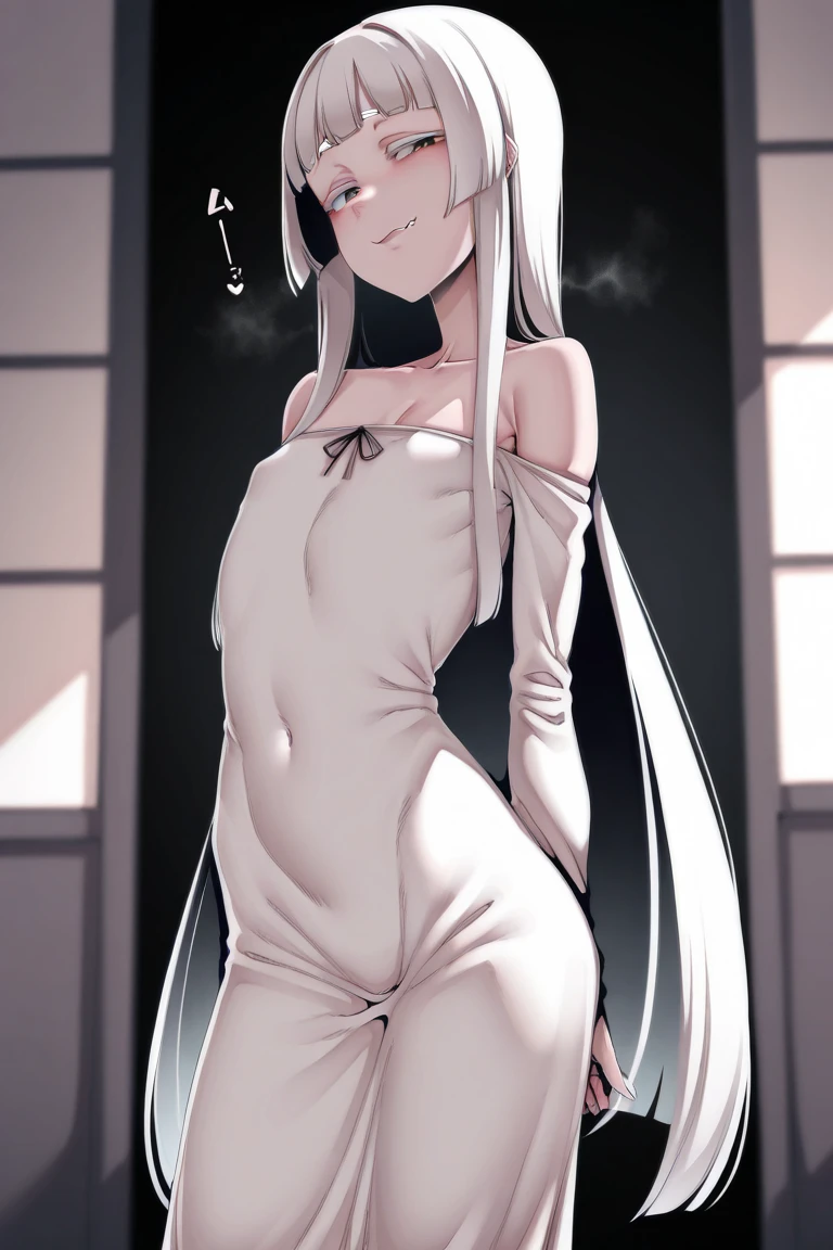 tall girl, slim, with asian features, white, medium tits, medium ass wearing a white leotard, fishnet stockings, white heels, headband with white rabbit ears and a white bow on the neck.