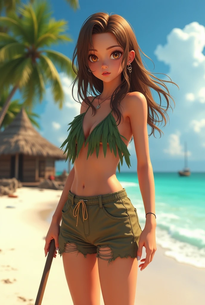 very detailed background, mesa, Best Quality, 1 woman, Alone, ((mesa, Best Quality)),better aesthetics, eye shadows, Wavy Brown hair, green eyes, loose hair , smile, by the wide, looking at the viewer, medium breasts, Brown hair, ripped red top, ripped shorts