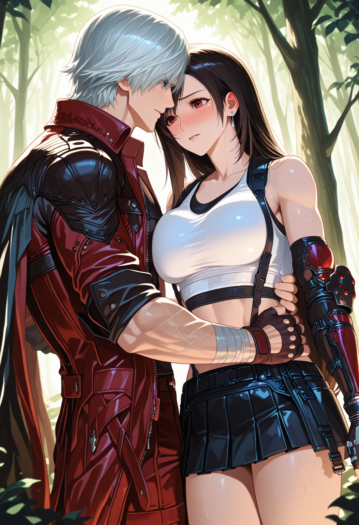 sarada anime + Vegeta spiky mohawk hair with gel short dress sexy V cuts neckline walking on a dark gloomy street scared style photo realism, Fully detailed drawing in black and black and only the red eyes