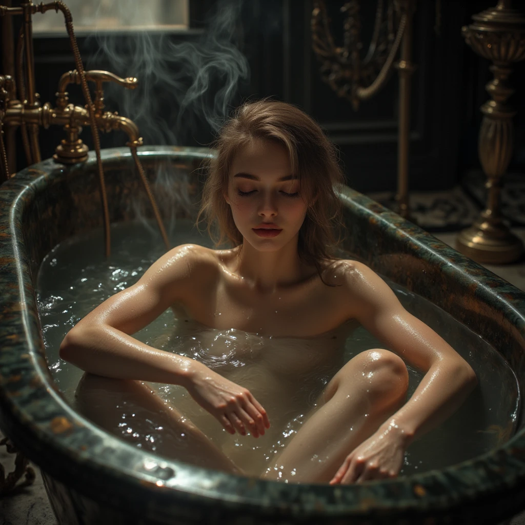 Dark image of a young woman passed out in a basin of dirty water