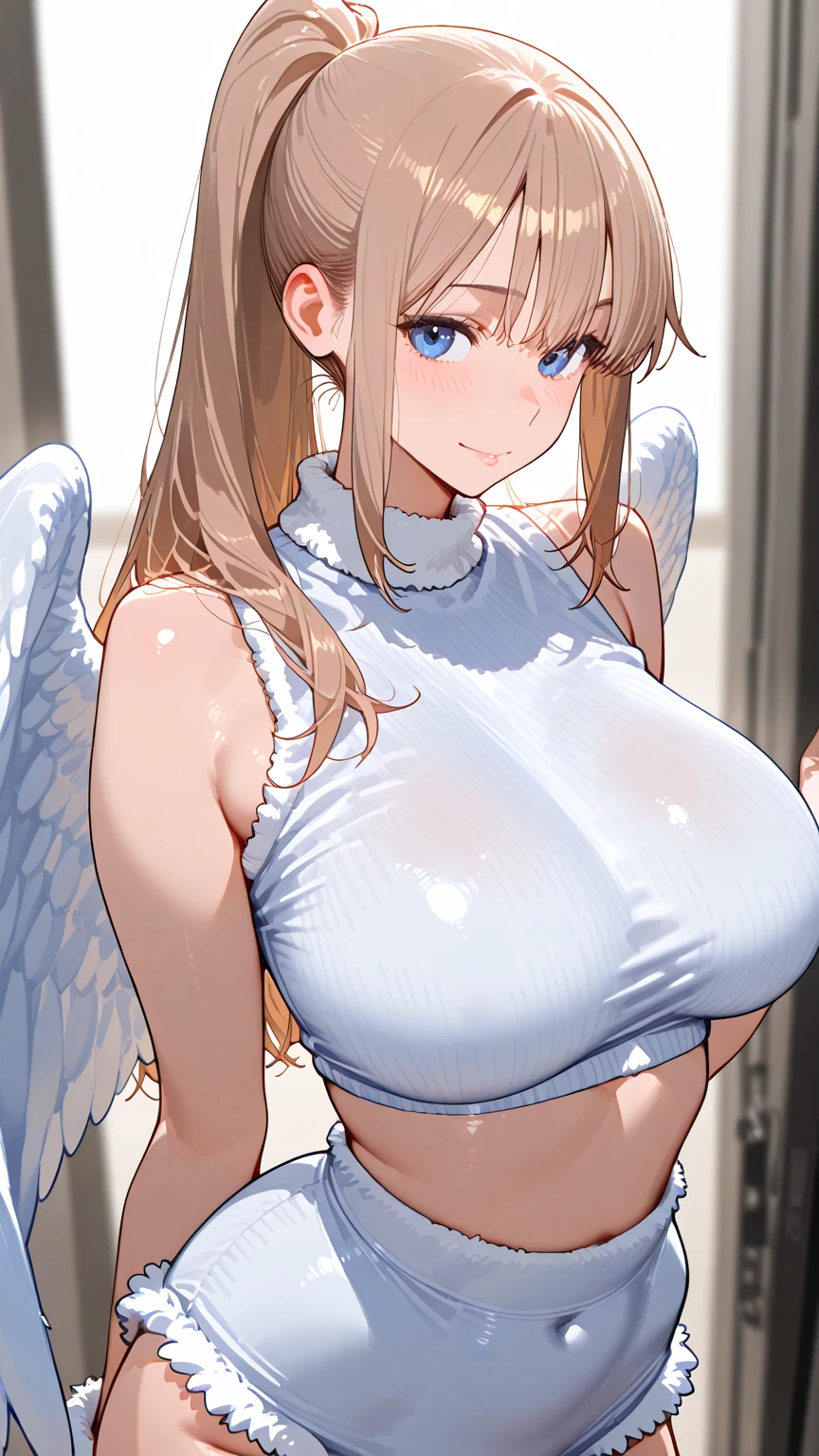 Figure, angel, sexy pose, big breasts, curvy, smile, bob haircut, sexy china dress, blonde, gigant angel wings, halo